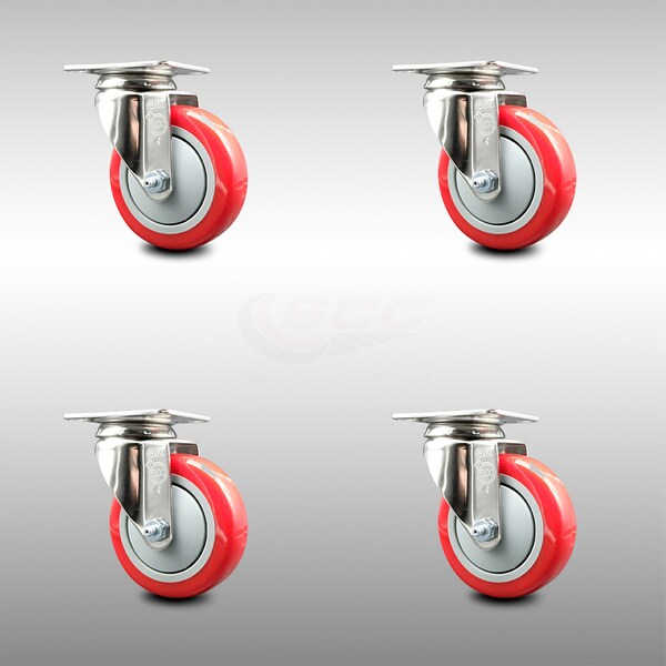 Service Caster 4 Inch 316SS Red Polyurethane Wheel Swivel Top Plate Caster Set SCC-SS31620S414-PPUB-RED-4 - main
